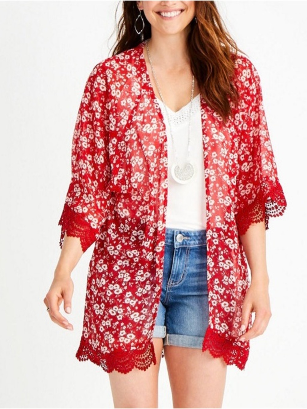 Maurices Ditsy Floral Crochet Trim Kimono Red White Open Front Xsmall Women’s